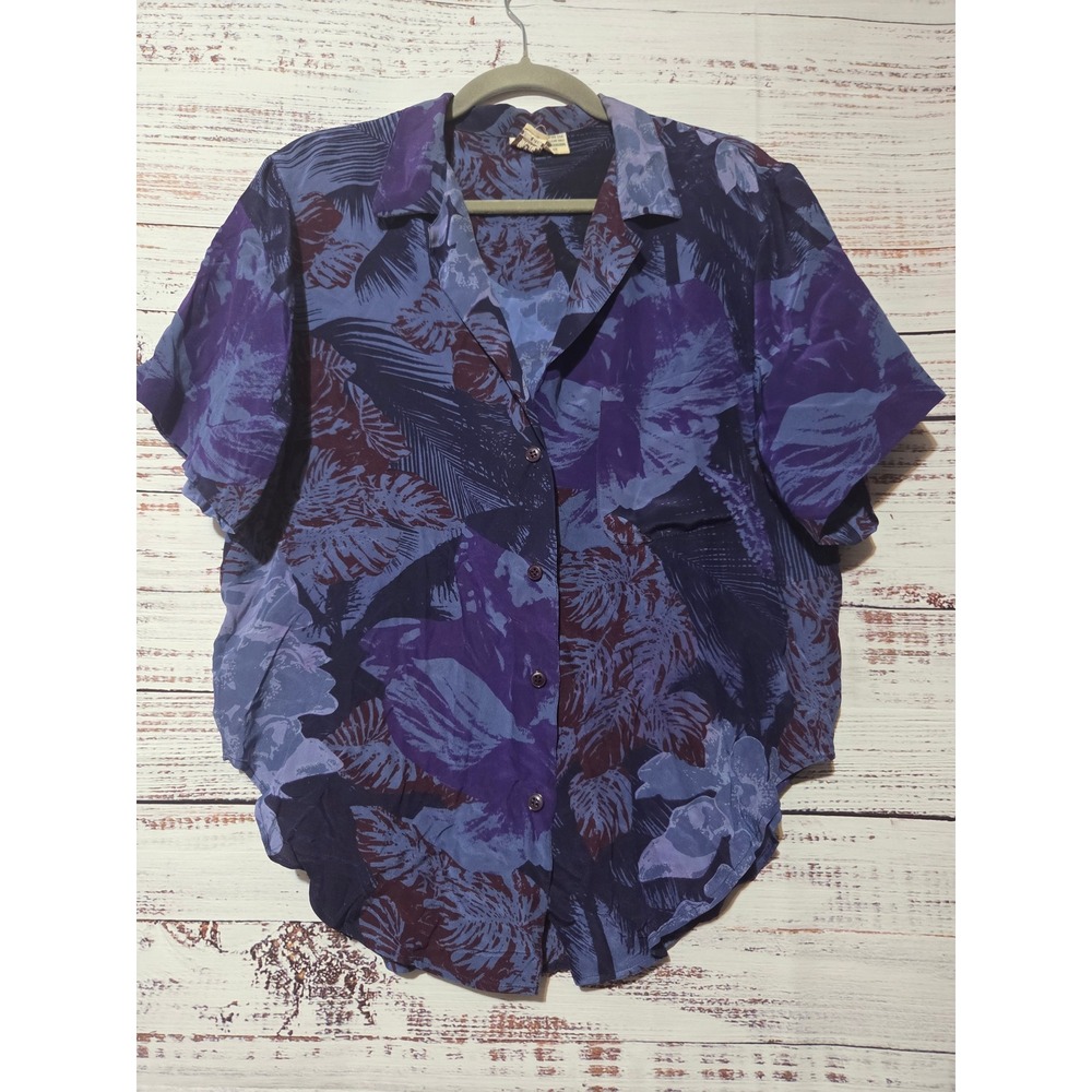 Anne Klein Vintage 100% Silk Tropical Floral Button Up Blouse Purple Blue Sz 12